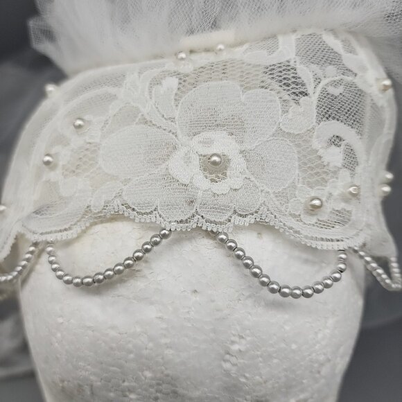 Vintage Juliette Cap Ivory Wedding Veil Pearl Beaded Headpiece with double Veil - Picture 2 of 7